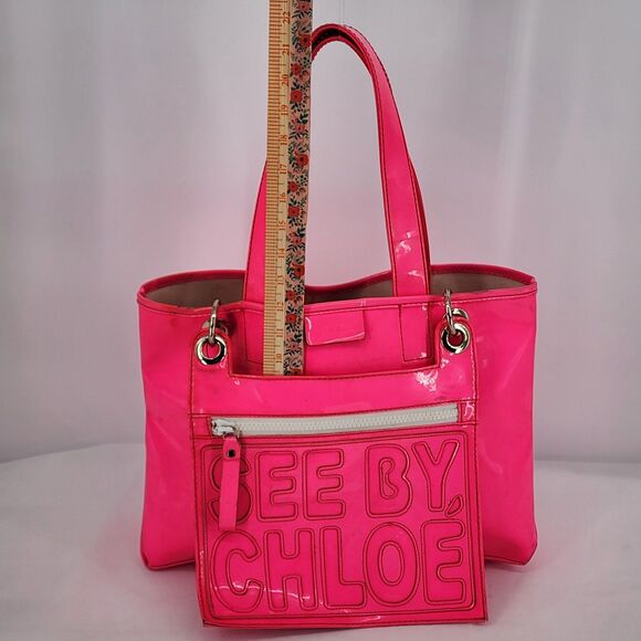 See by Chloe Neon Pink Patent Leather Tote Bag with Hanging Pouch - Picture 16 of 16